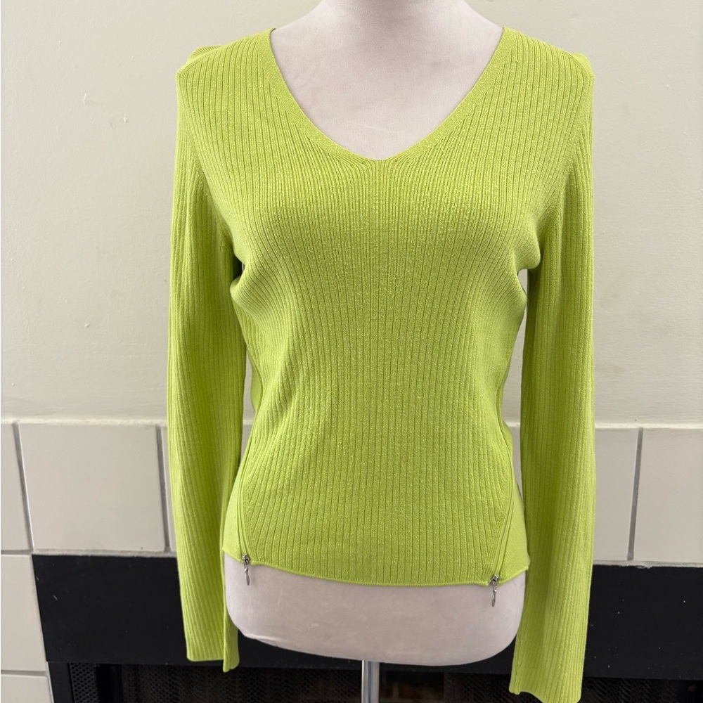 Modern Vibrant Lime Ribbed V-Neck Sweater